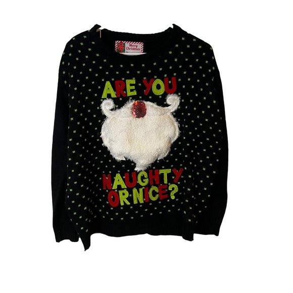 Merry Christmas Sweaters - Merry Christmas Ugly Sweater Are You Naughty Or Nice Black 3D Fur Santa Beard